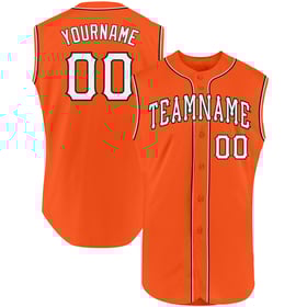 Camiseta de béisbol auténtica sin mangas, color naranja y blanco, personalizada y en negro.