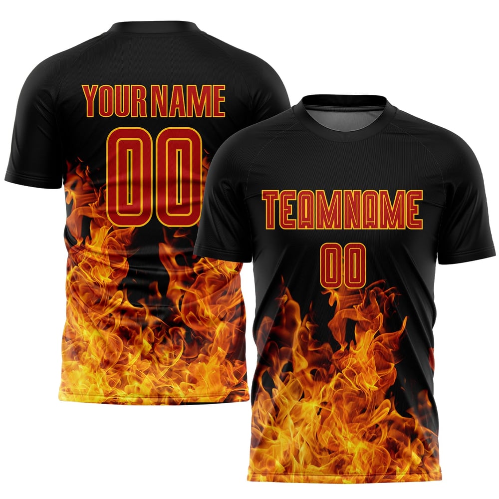 Custom Jersey Sublimation Soccer Uniform Flame Red-Gold Black