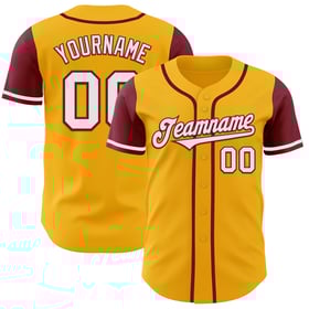 Camiseta de béisbol auténtica personalizada en blanco y dorado carmesí.