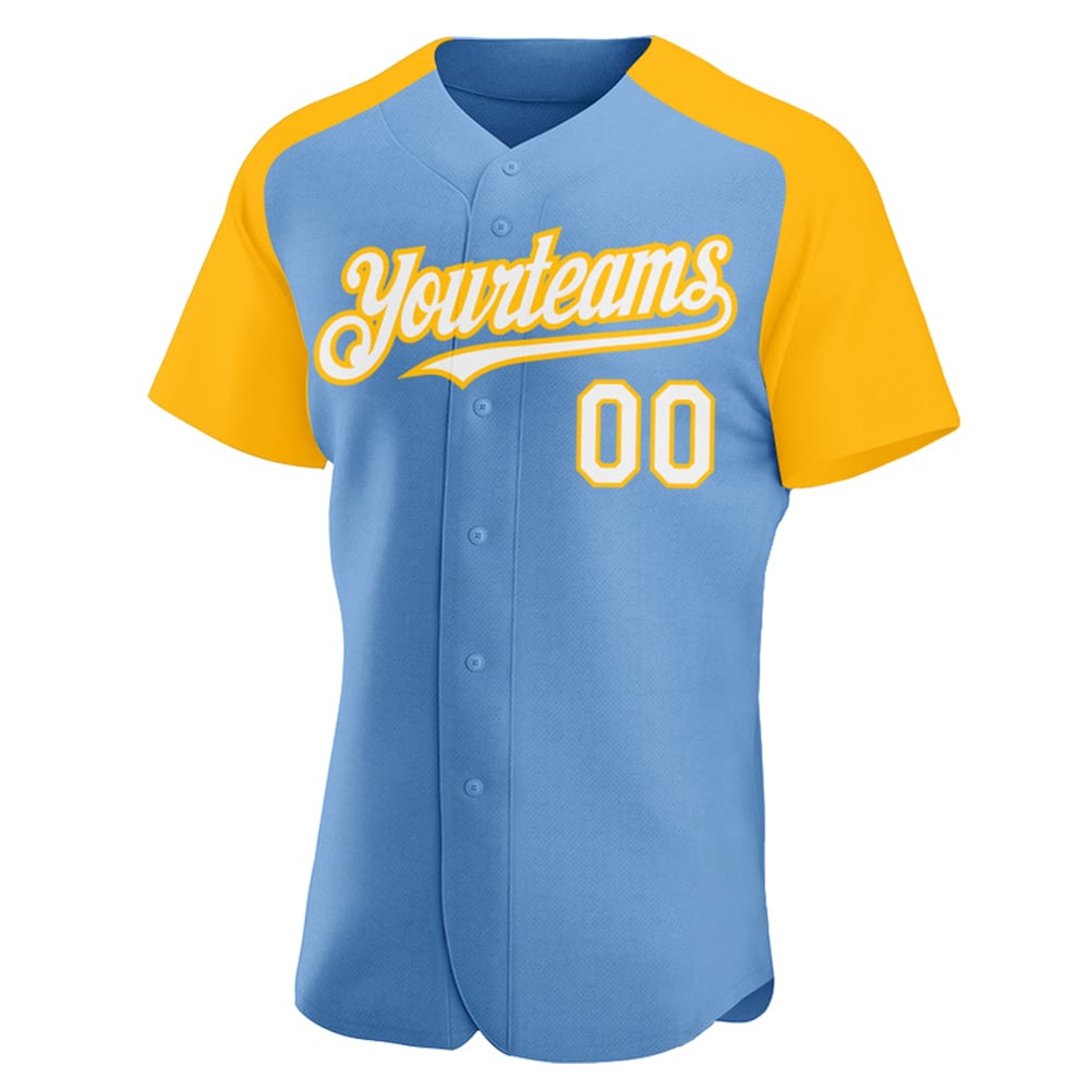 Jersey Custom White-Gold Sleeves Authentic Blue Light Raglan Baseball
