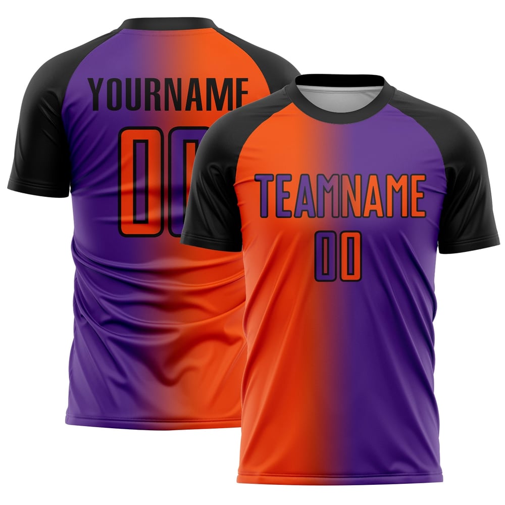 Mode Orange-Schwarz Fußball Custom Sublimation Uniform Jersey Lila Gradienten