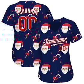 Maglia natalizia blu navy 3D da baseball rossa e bianca, autentica, personalizzata