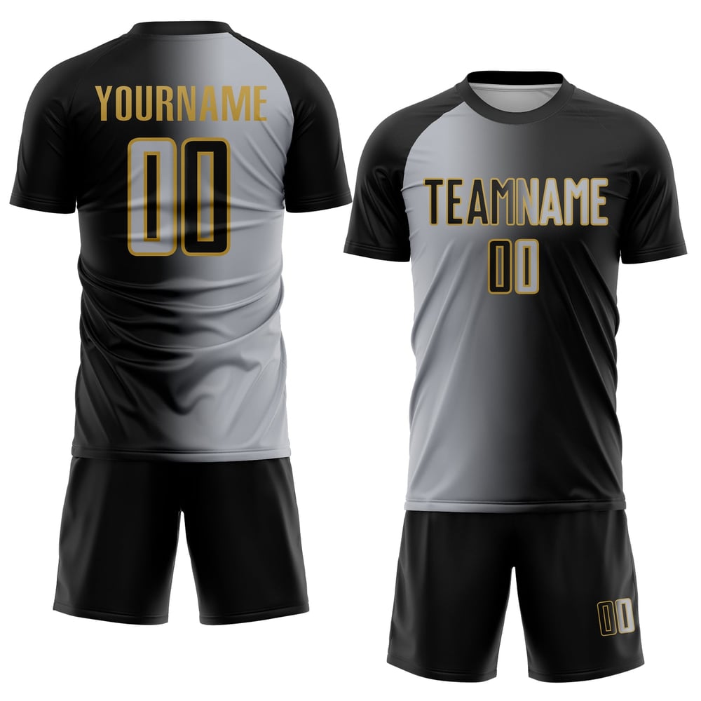 Uniform Sublimation Fußball Grau-Alt Gradienten Custom Jersey Gold Schwarz Mode