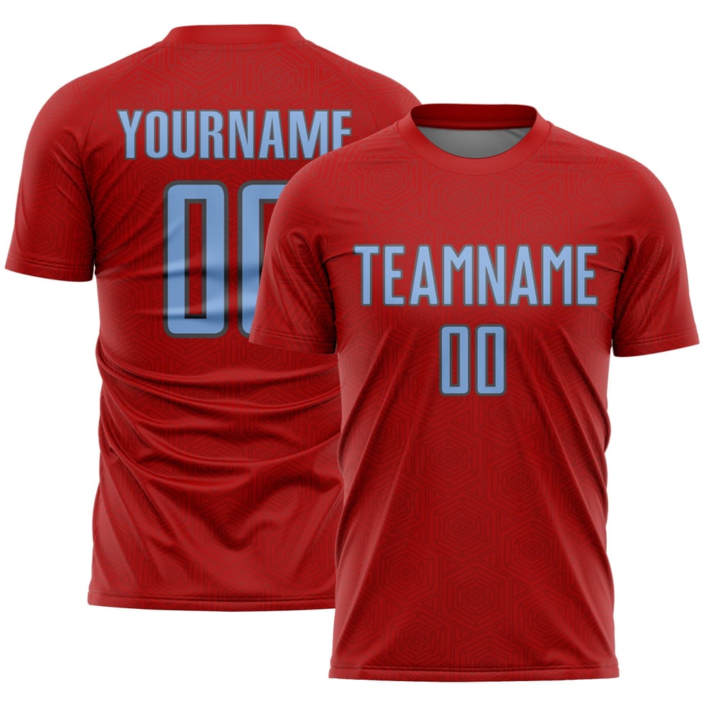 Maglia uniforme sportiva rossa forma geometrica calcio sublimazione grigia personalizzata azzurro-acciaio