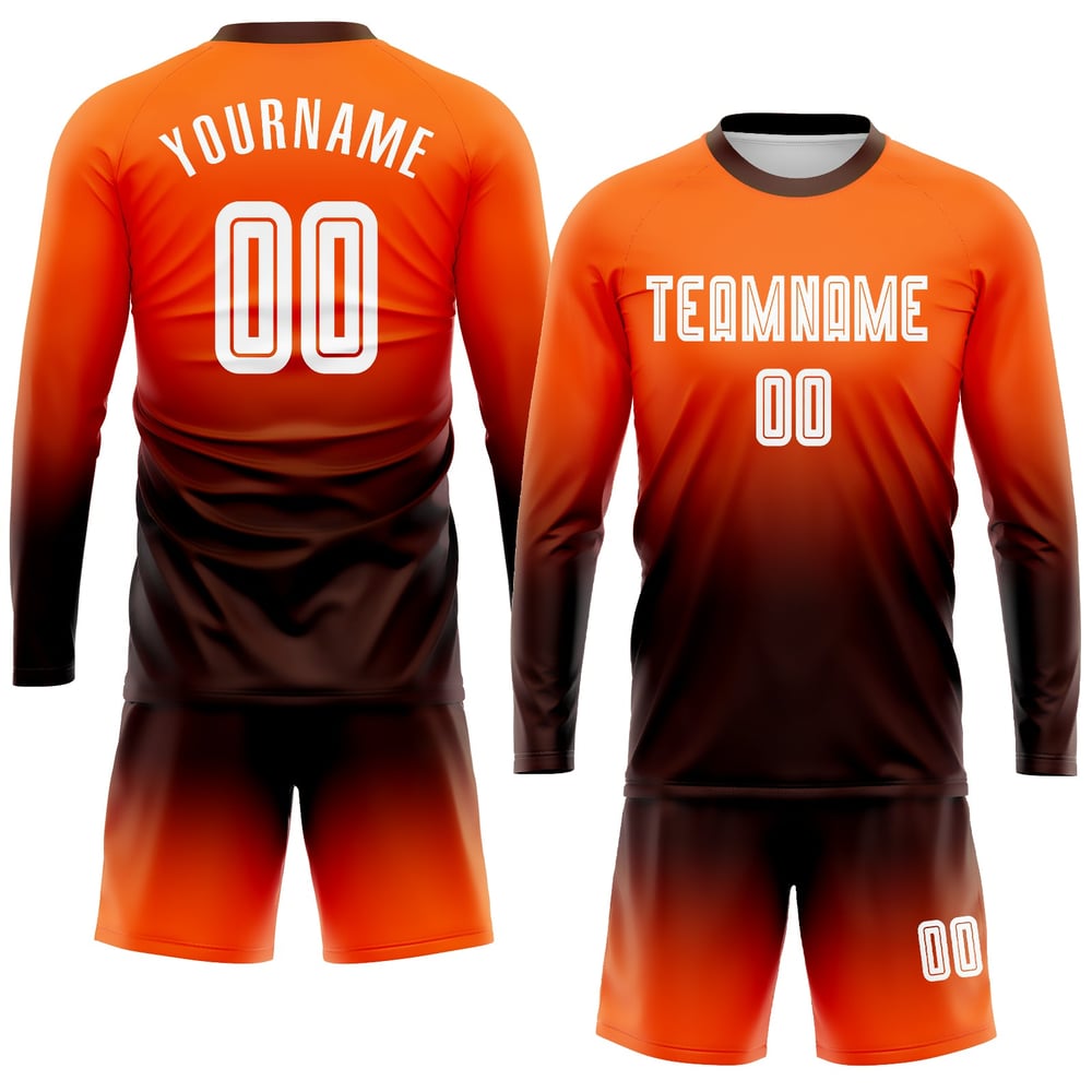 Maillot de football personnalisé à manches longues, imprimé par sublimation, orange, blanc et marron, à la mode