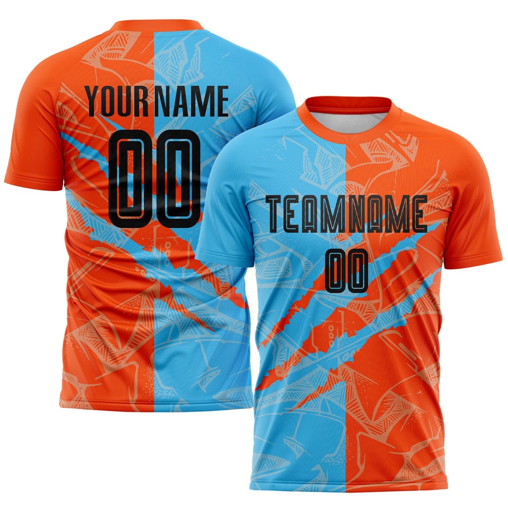 Graffiti Scratch Sublimation Uniform Jersey Black Blue-Orange Custom Soccer Sky Pattern