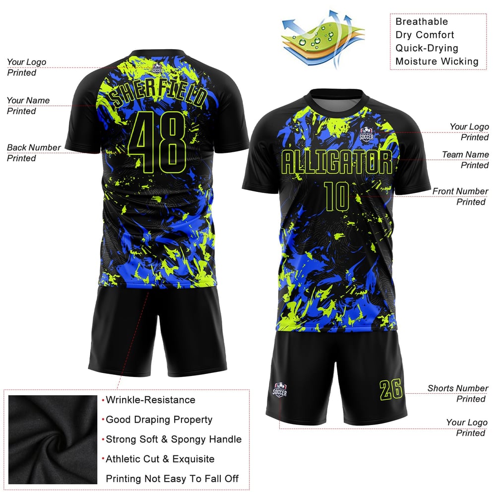 Black Jersey Green-Royal Soccer Neon Uniform Sublimation Custom Black