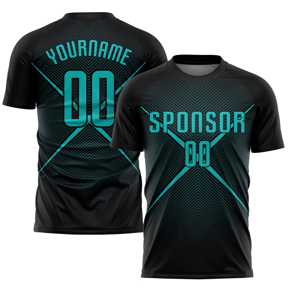 Camiseta de fútbol sublimada personalizada, uniforme negro, color verde azulado