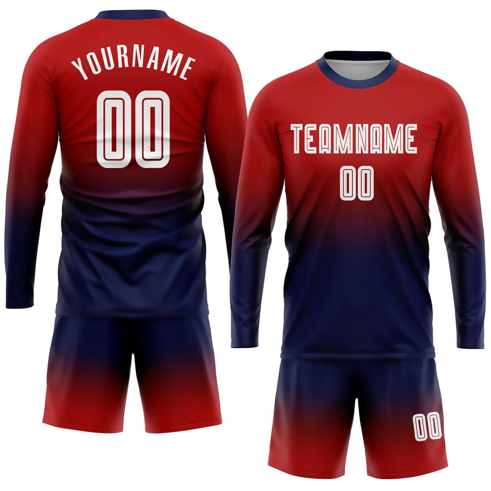 Maillot de football personnalisé à manches longues, imprimé par sublimation, rouge, blanc et bleu marine
