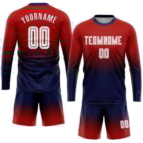 Maillot de football personnalisé à manches longues, imprimé par sublimation, rouge, blanc et bleu marine
