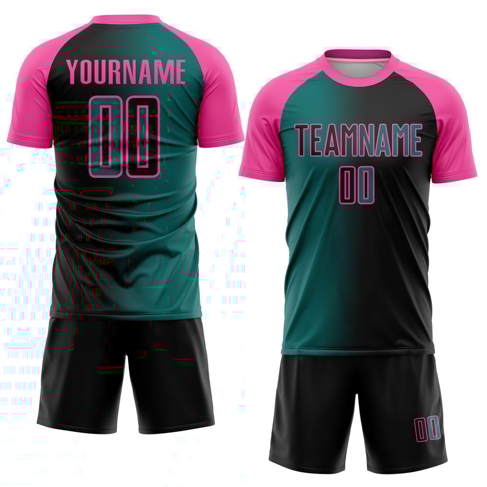 Benutzerdefinierte Teal-Pink Sublimation Gradienten Schwarz Jersey Mode Uniform Fußball