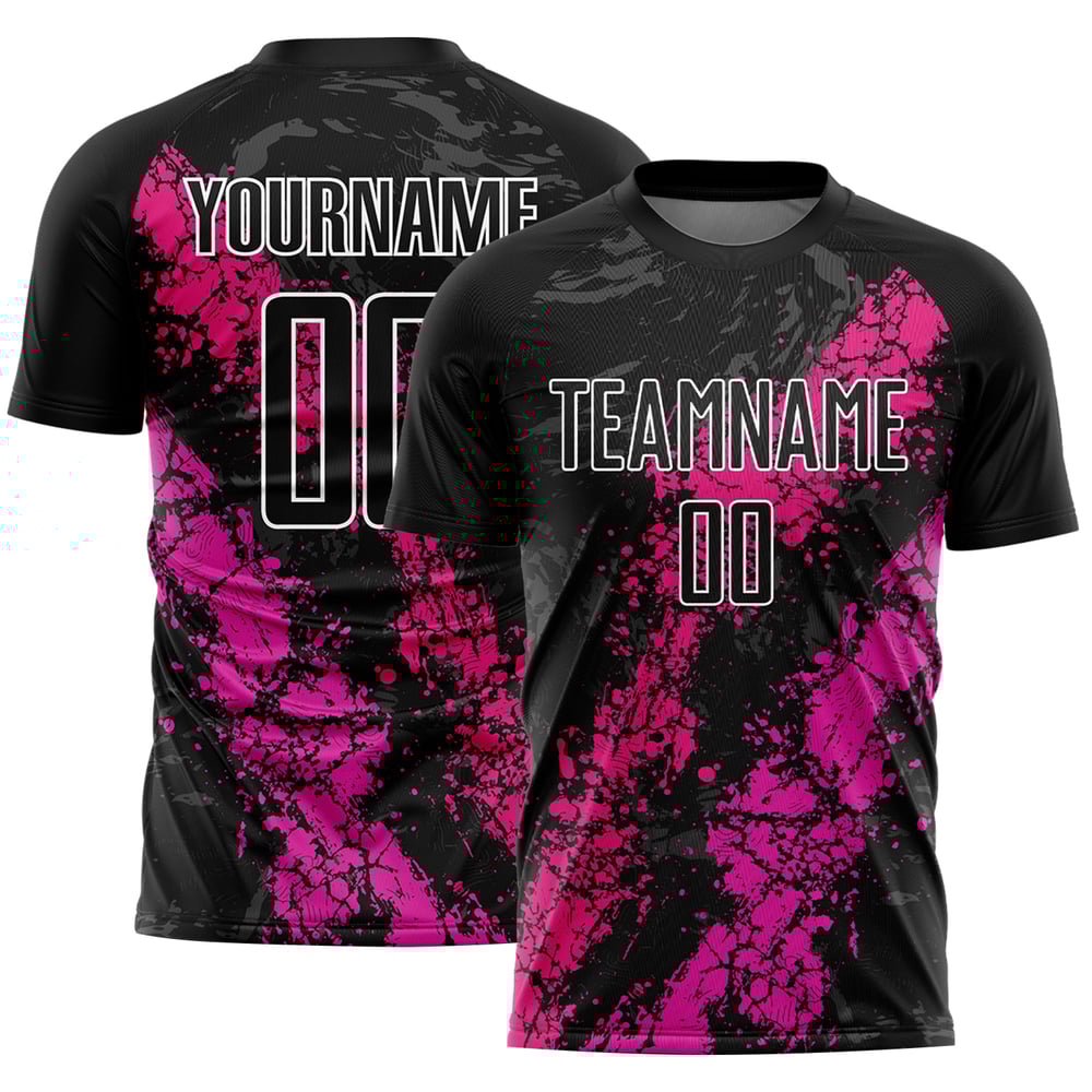 Uniforme personalizado de color rosa intenso con sublimación de salpicaduras y goteo, camiseta de fútbol rosa y negra