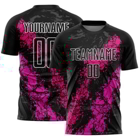 Uniforme personalizado de color rosa intenso con sublimación de salpicaduras y goteo, camiseta de fútbol rosa y negra