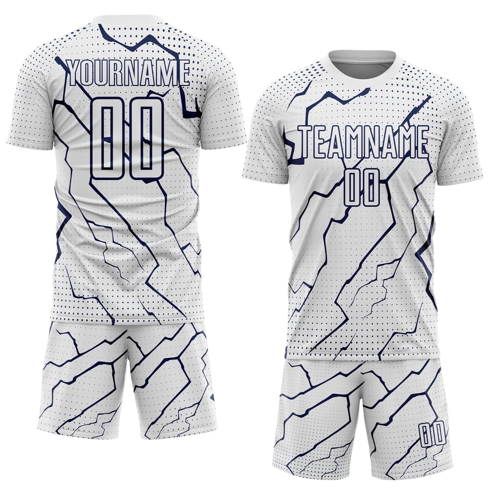 Maglia sportiva personalizzata con stampa sublimatica blu navy uniforme da calcio Lightning White