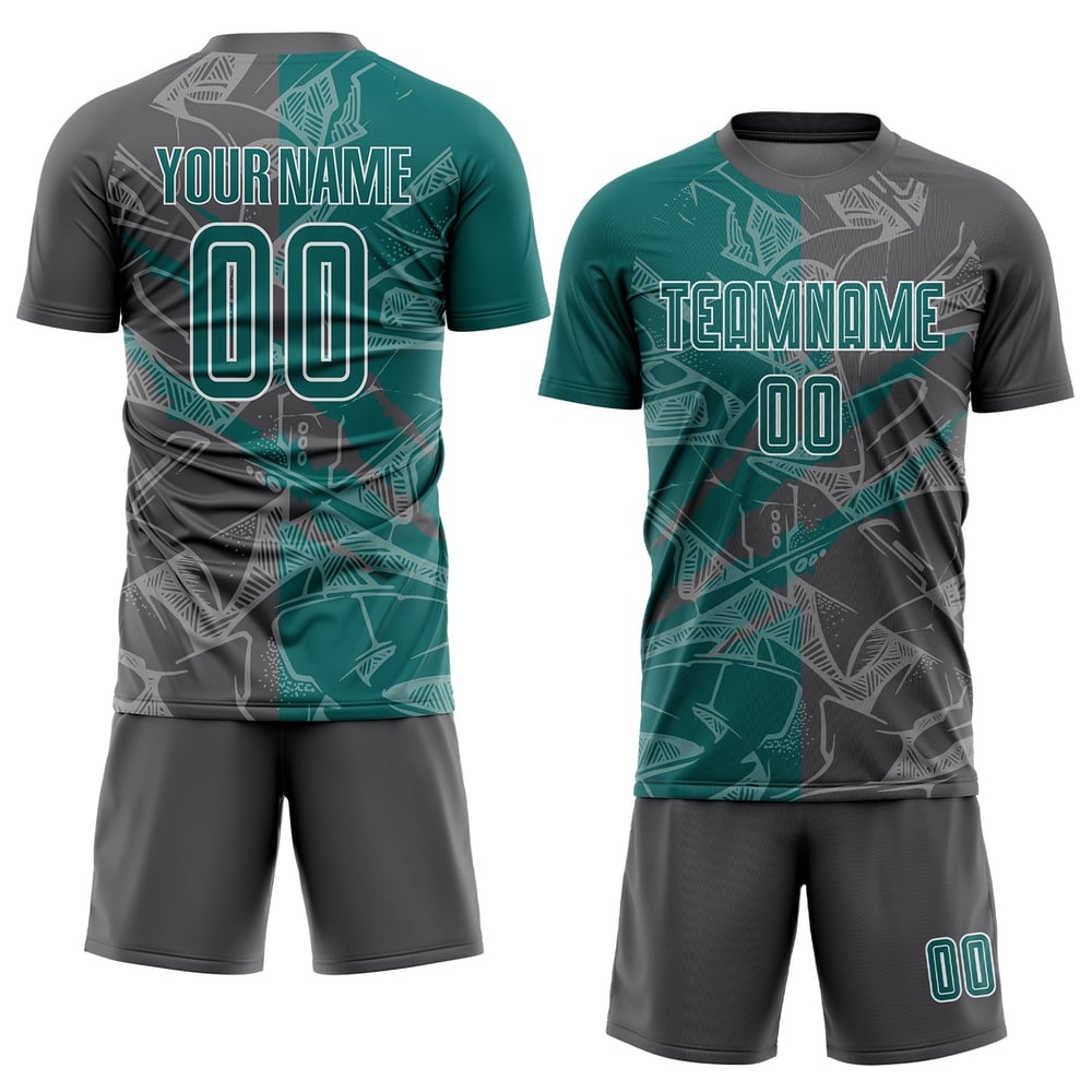 Camiseta de fútbol con estampado de grafiti rascado, color gris, personalizada, color verde azulado y acero, sublimación