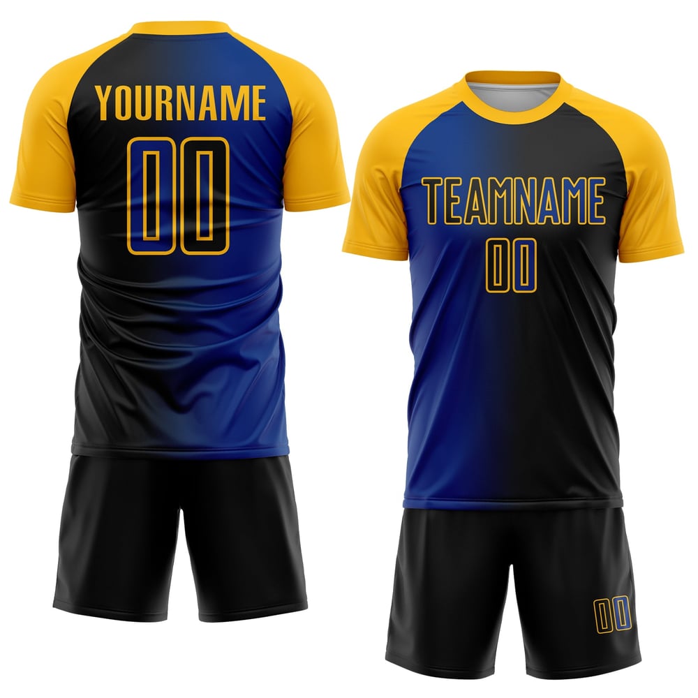 Jersey Schwarz Sublimation Gradient Fußball Custom Uniform Royal-Gold Mode