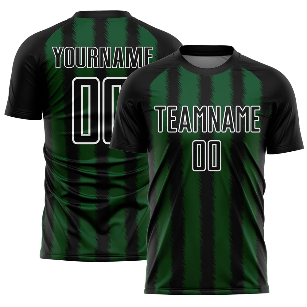 Camiseta de fútbol personalizada con sublimación de líneas negras, verdes y blancas