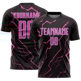 Maglia sportiva blu personalizzata uniforme sublimatica fulmine calcio rosa-nero chiaro