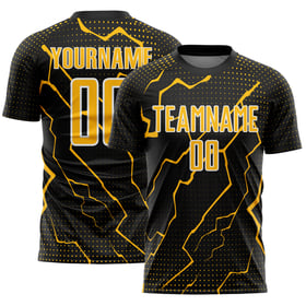 Maglia da calcio personalizzata Lightning Black Gold-White con stampa sublimatica uniforme