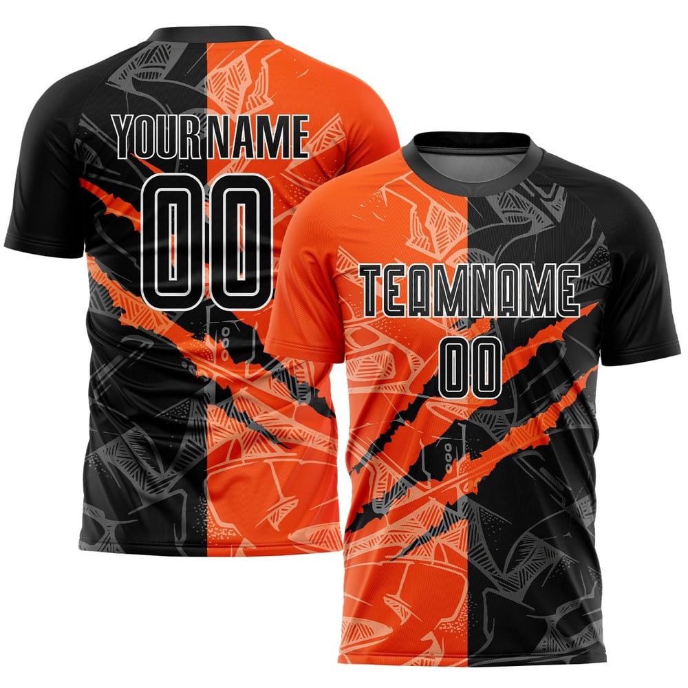 Black-Orange Soccer Scratch Graffiti Custom Uniform Pattern Jersey Sublimation