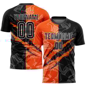 Black-Orange Soccer Scratch Graffiti Custom Uniform Pattern Jersey Sublimation