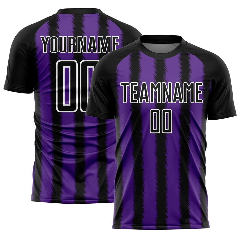 Camiseta de fútbol personalizada con sublimación de líneas negras, moradas y blancas