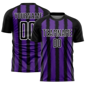Camiseta de fútbol personalizada con sublimación de líneas negras, moradas y blancas