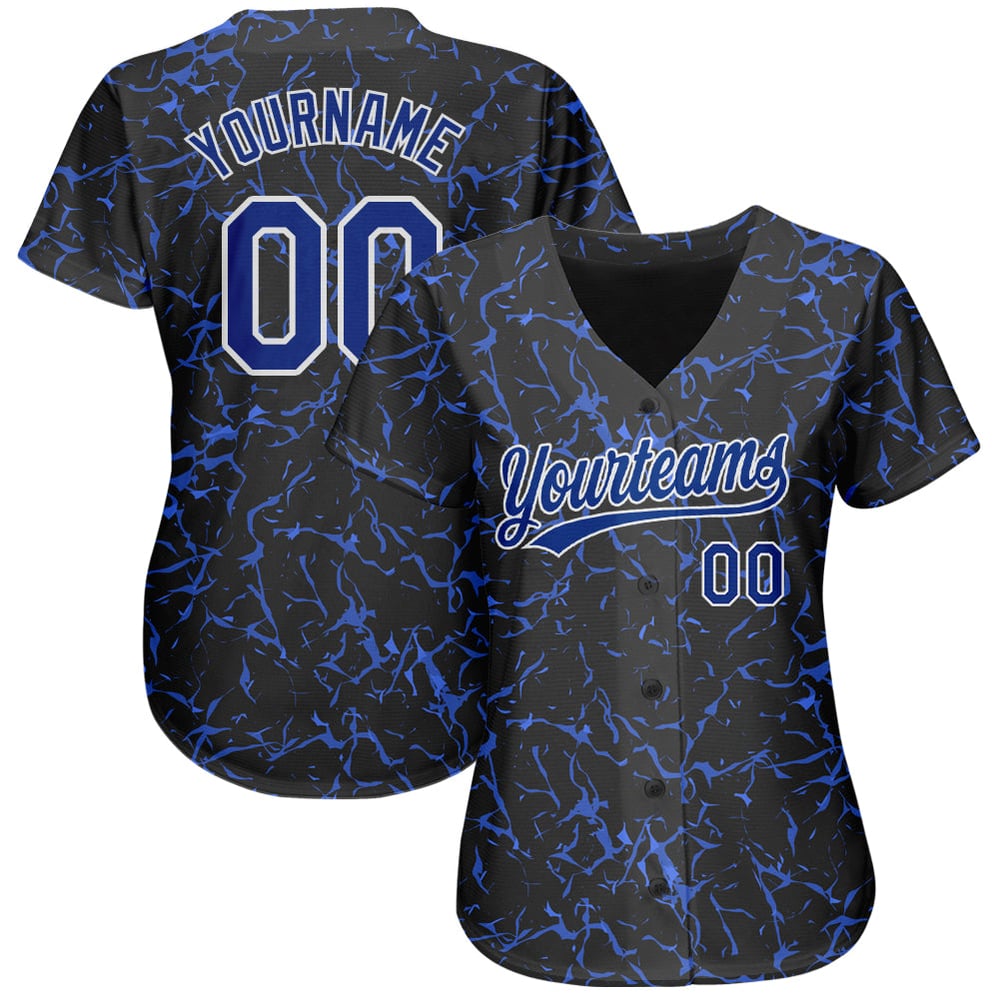 Camiseta personalizada de béisbol con patrón auténtico, color azul real y blanco, diseño 3D.