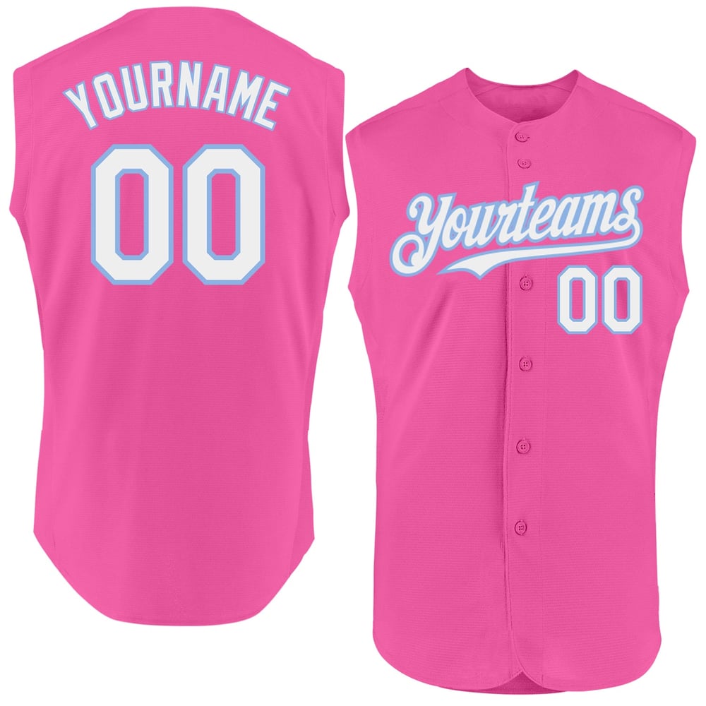 Authentic Pink Baseball Jersey Sleeveless White-Light Blue Custom