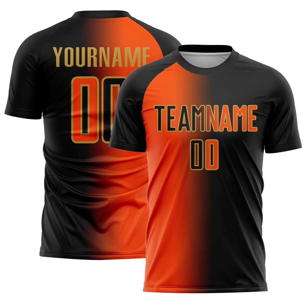 Mode Sublimation Orange-Old Jersey Uniform Schwarz Fußball Gold Benutzerdefinierte