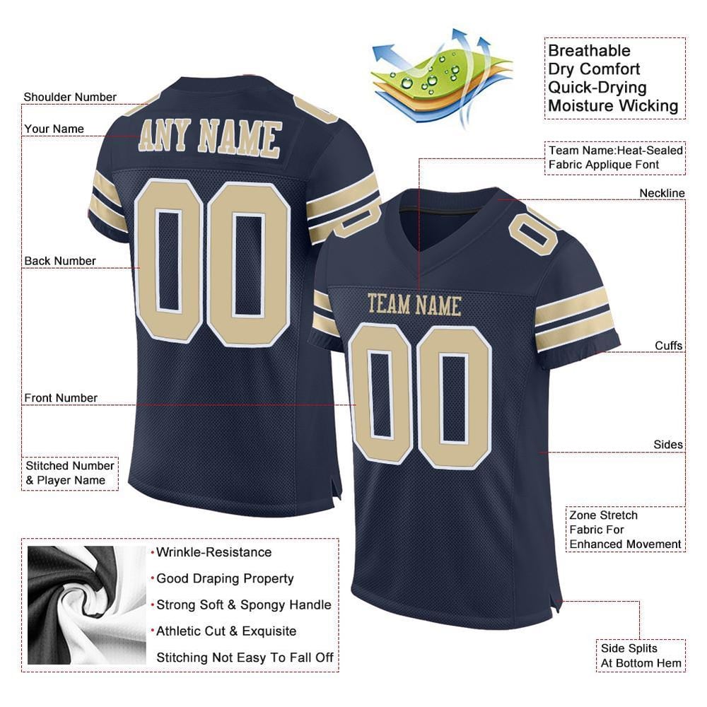 Custom Jersey Football Gold-White Mesh Navy Vegas Authentic