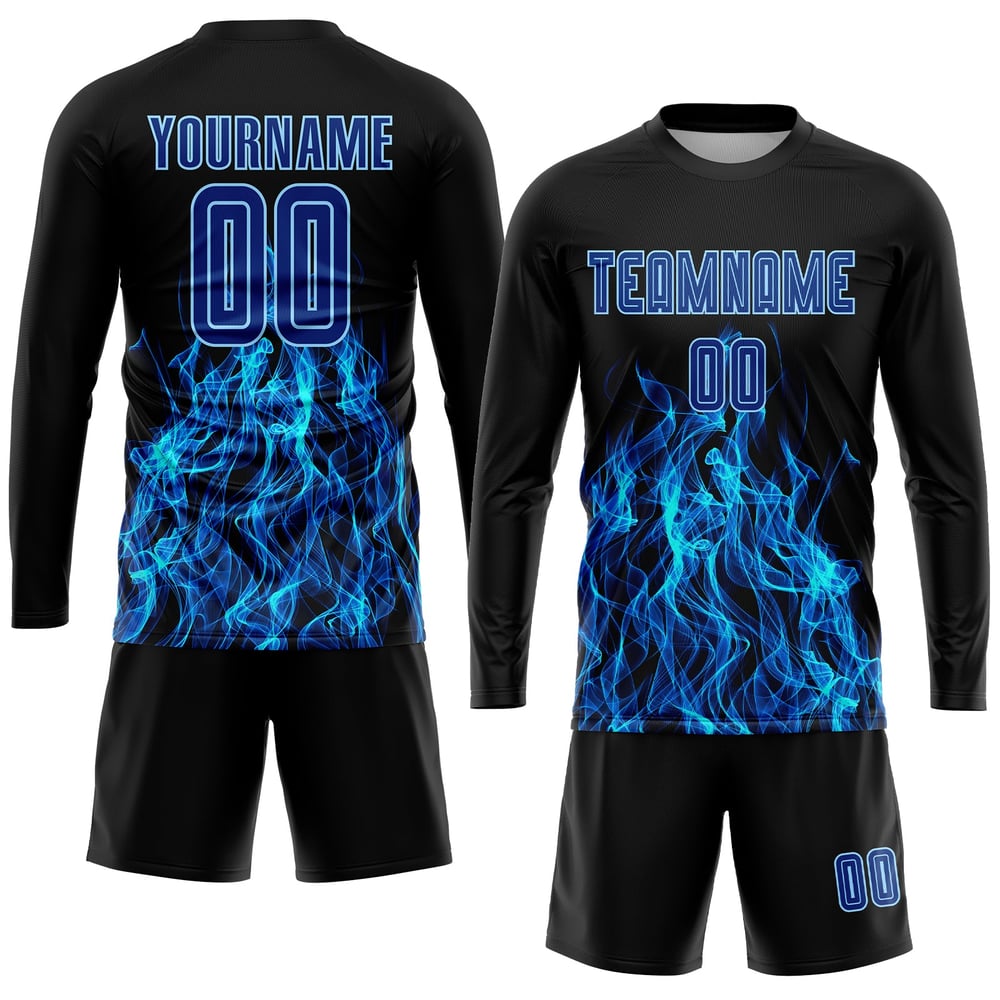 Royal-Light Black Blue Custom Soccer Sublimation Flame Uniform Jersey
