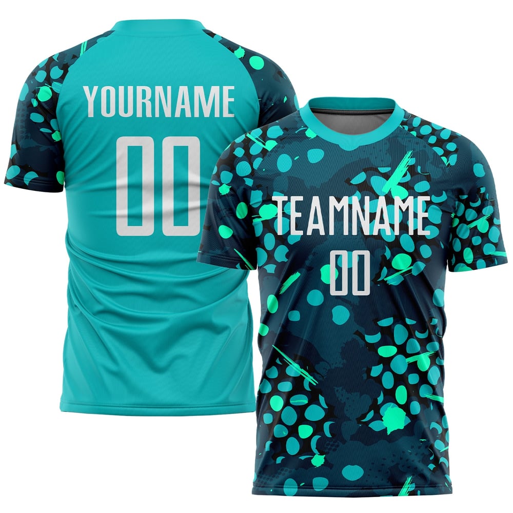 Sublimering Vit-Marinblå Fotboll Anpassad Uniform Aqua Jersey