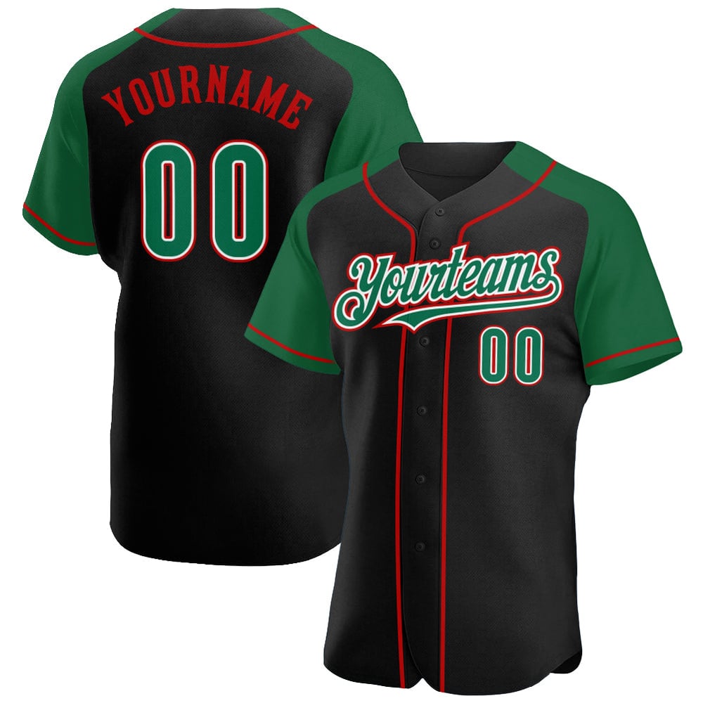 Green-Red Jersey Authentic Raglan Sleeves Black Baseball Custom Kelly