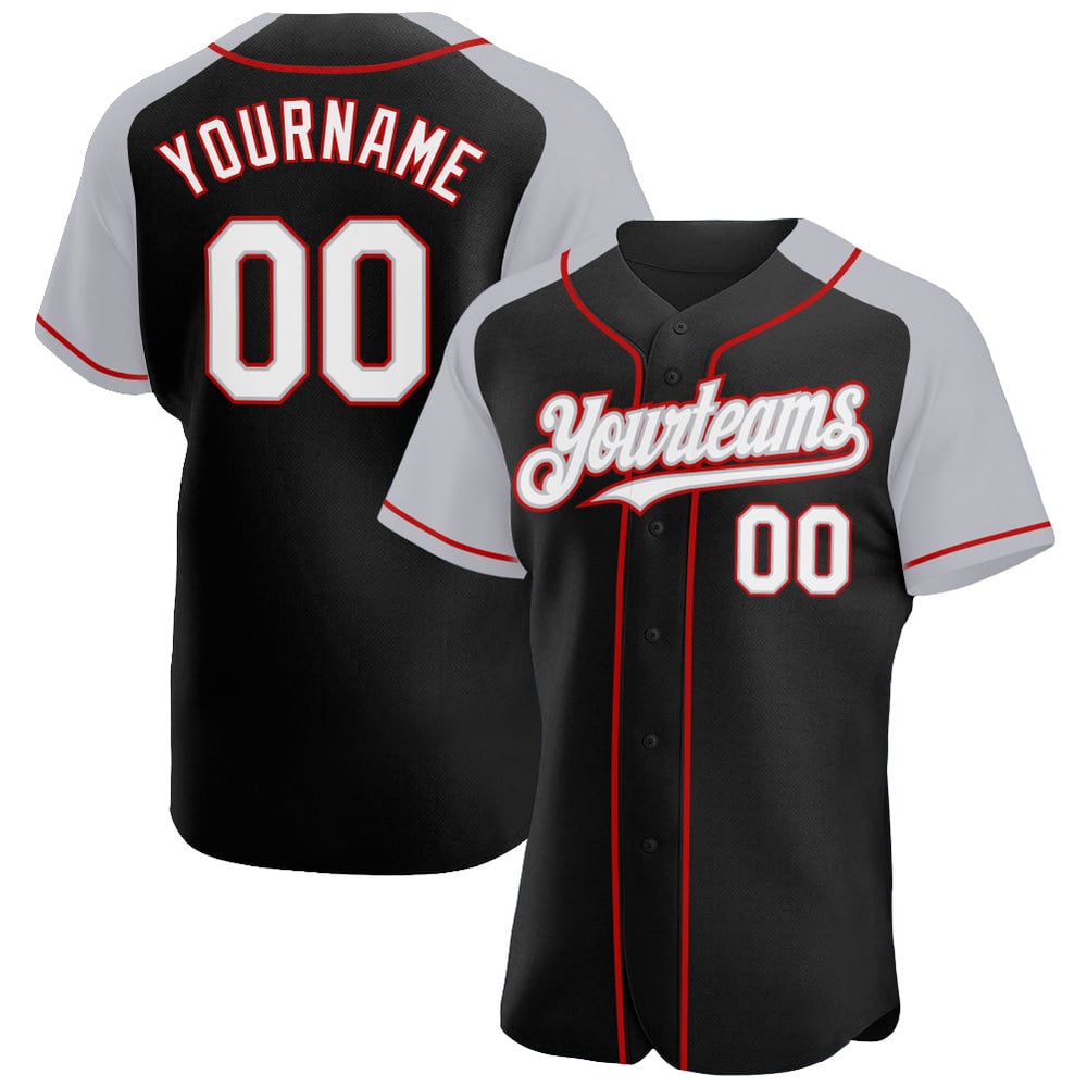 Black White Raglan Sleeves Custom Authentic Gray-Red Baseball Jersey