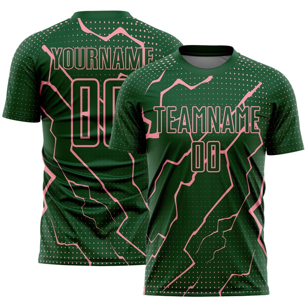 Maglia da calcio personalizzata con stampa sublimatica verde fulmine di medie dimensioni, uniforme rosa