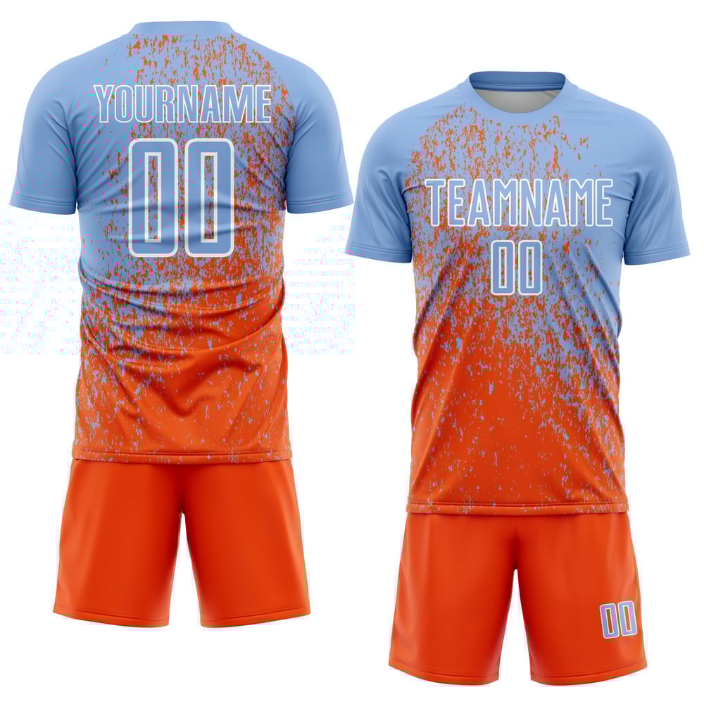 Camiseta de fútbol de sublimación abstracta, uniforme azul personalizado, fragmento claro, arte naranja-blanco