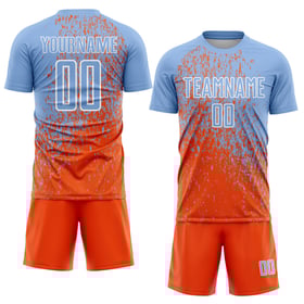Camiseta de fútbol de sublimación abstracta, uniforme azul personalizado, fragmento claro, arte naranja-blanco