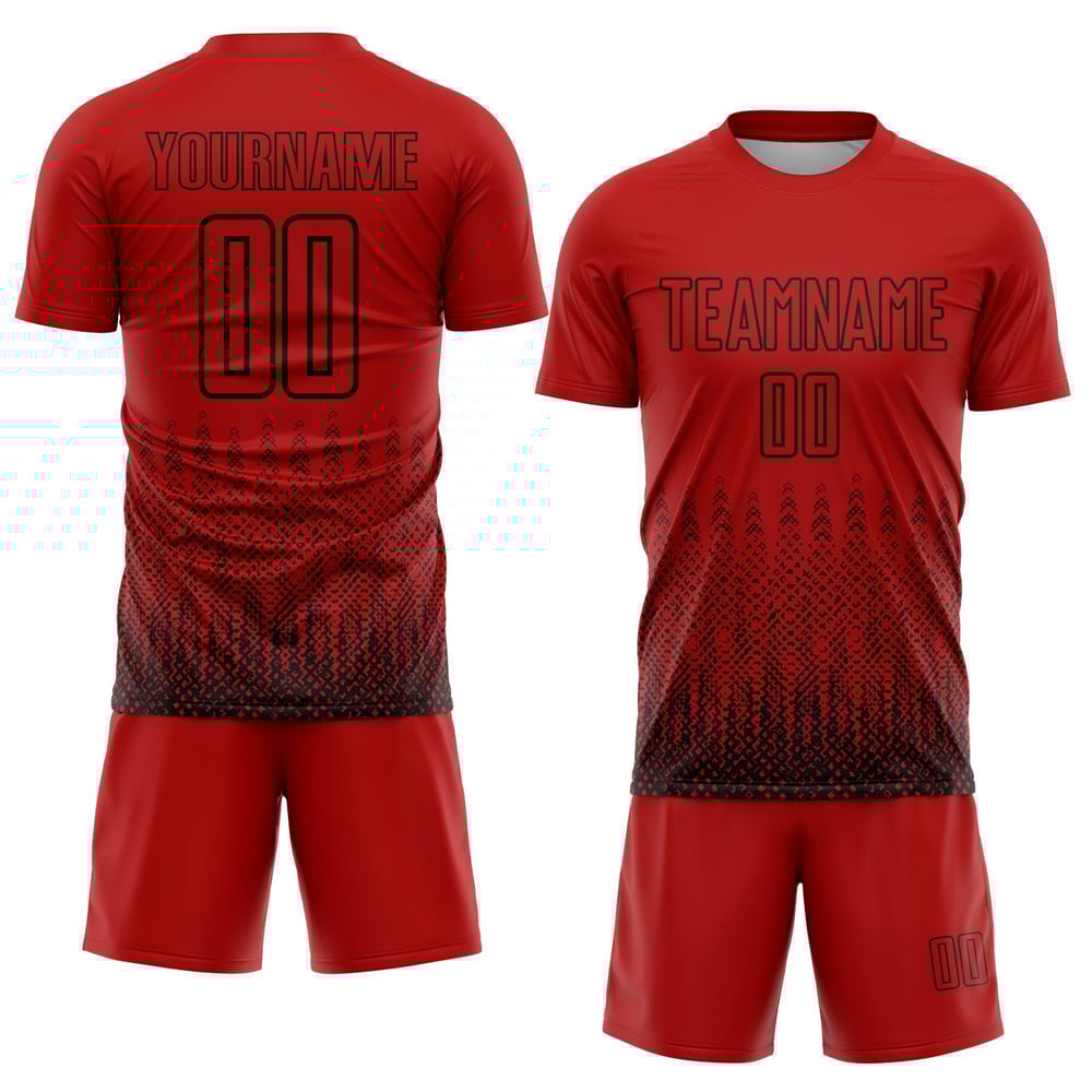 Benutzerdefinierte schwarze Trikots rot Sublimation Uniform geometrische Fußballform