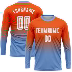 Maillot de football personnalisé à manches longues, orange, blanc et bleu clair, imprimé par sublimation