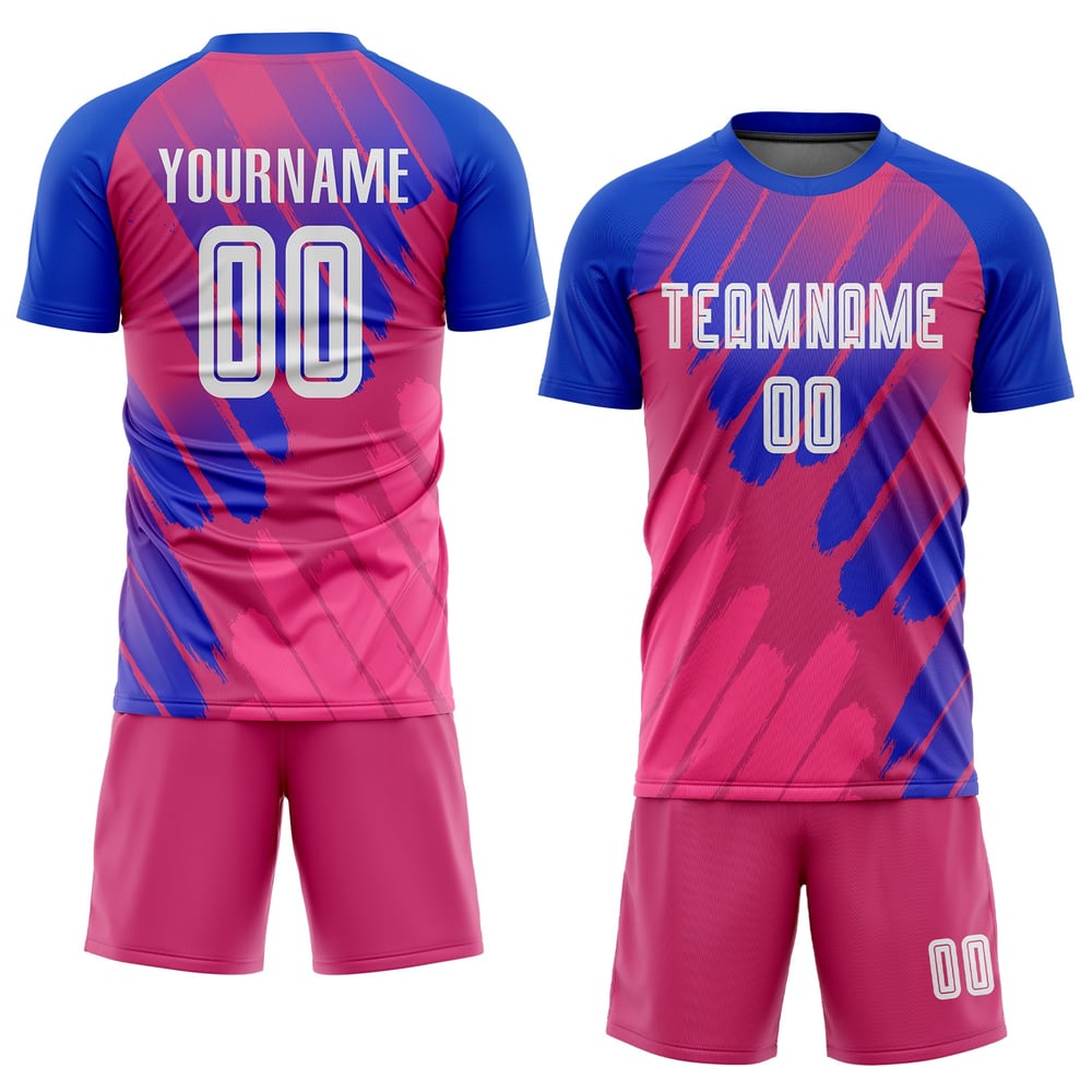 Maillot de football personnalisé à sublimation rose, blanc et bleu roi