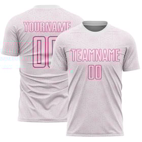 Maglia da calcio personalizzata con stampa geometrica, stampata a sublimazione, uniforme sportiva rosa, forma bianca