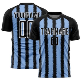 Camiseta de fútbol personalizada con sublimación de líneas azul claro y blanco y negro