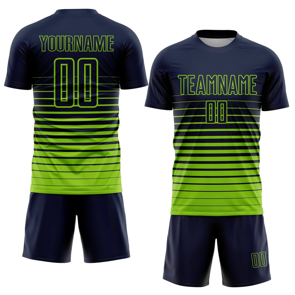Maillot de football personnalisé à rayures vert fluo bleu marine, imprimé par sublimation