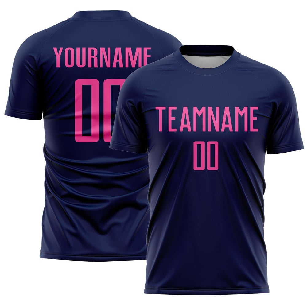Camiseta de fútbol personalizada por sublimación, uniforme rosa y azul marino