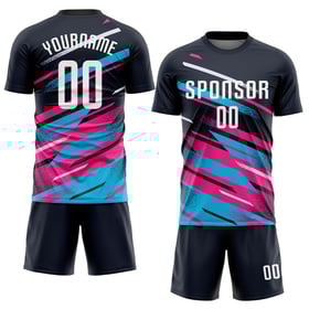 Maillot de football personnalisé à sublimation bleu marine, blanc, rose et bleu clair