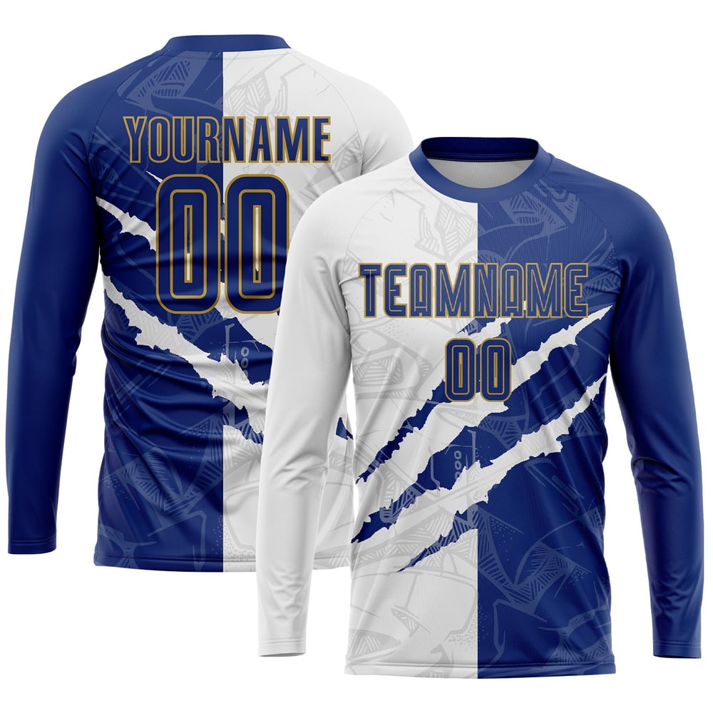 Soccer Graffiti Sublimation Jersey Gold Scratch White-Old Pattern Uniform Custom Royal
