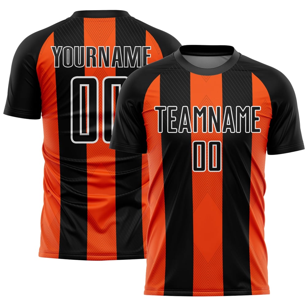 Camiseta de fútbol personalizada de sublimación de Uniform Line, color negro, naranja y blanco