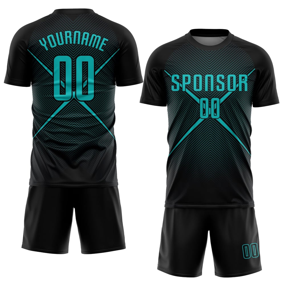 Camiseta de fútbol sublimada personalizada, uniforme negro, color verde azulado