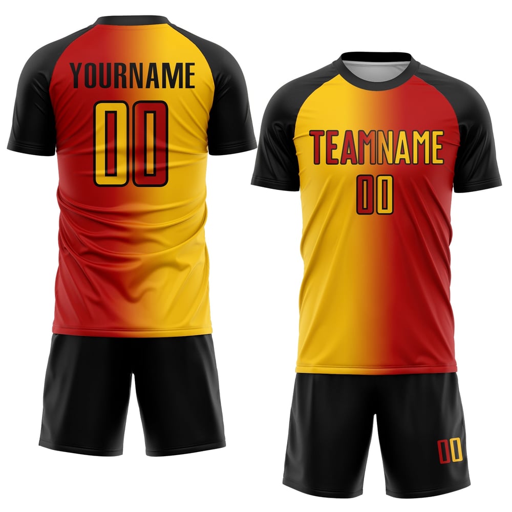 Gradienten Rot Uniform Custom Jersey Fußball Sublimation Gelb-Schwarz Mode